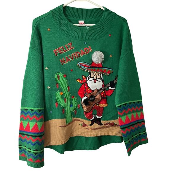 Feliz Navidad! Santa Small Guitar Sequins Bells Christmas Sweater - Picture 1 of 7
